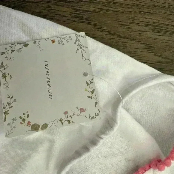 Haute Hippie Boho Top, Girl Sz 7/8, Off the Shoulder Pom Pom White and Pink - Picture 3 of 4